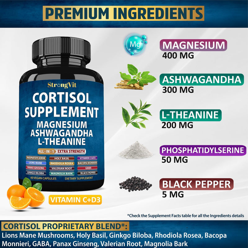 [Australia] - Cortisol Supplements for Women and Men with Magnesium, Ashwagandha & L-Theanine. High Cortisol Reducer, Manager, Detox, Lower and Control. Sleep Support & Stress Relief, USA 60 Count (Pack of 1) 