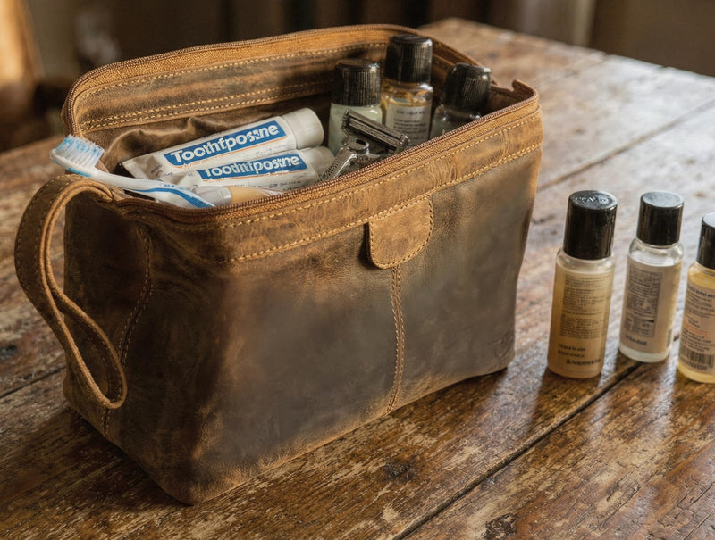 Leather Toiletry Bag for Men - Full Grain Travel Dopp Kit & Shaving Bag | Single Compartment, Back Zip Pocket, Waterproof Lining; Shaving & Cologne Organizer; TSA Carry-On; Gift for Men & Women Brown (Without Bottom Compartment)