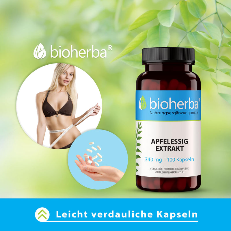 [Australia] - 100 Apple Cider Vinegar Capsules High Dose 340mg Capsule 1020mg Daily Dose Apple Cider Vinegar Capsules Drainage Metabolism Capsules Formula Shape Capsules Apple Cider Vinegar Extract with Chromium Laboratory Tested BIOHERBA 100 Capsules 