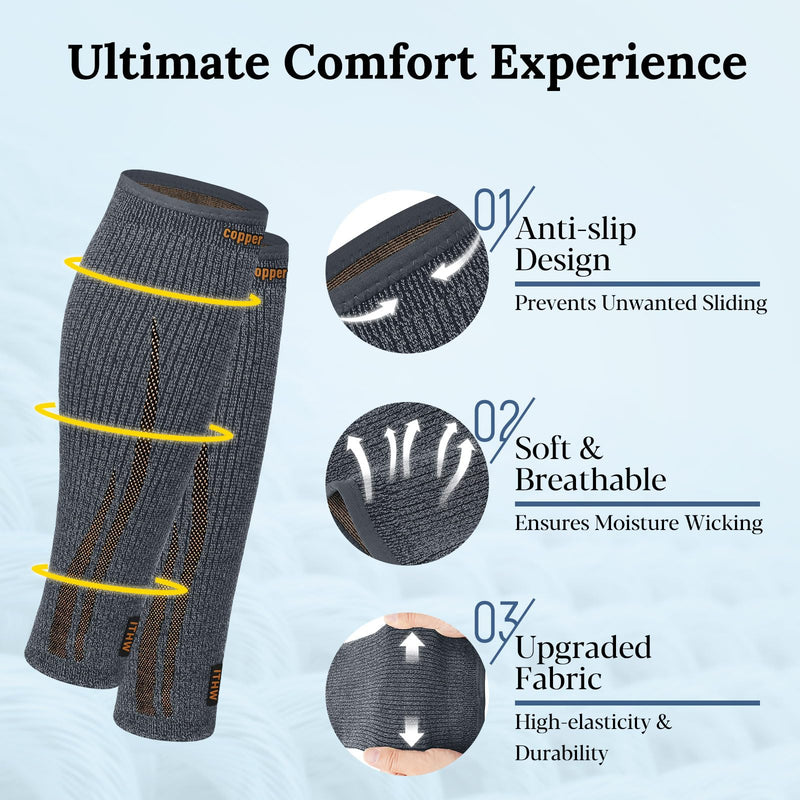 Copper Calf Compression Sleeve for Men & Women, Leg Compression Sleeve for Shin Splint Relief, Varicose Veins, Calf Tear Medium Gray