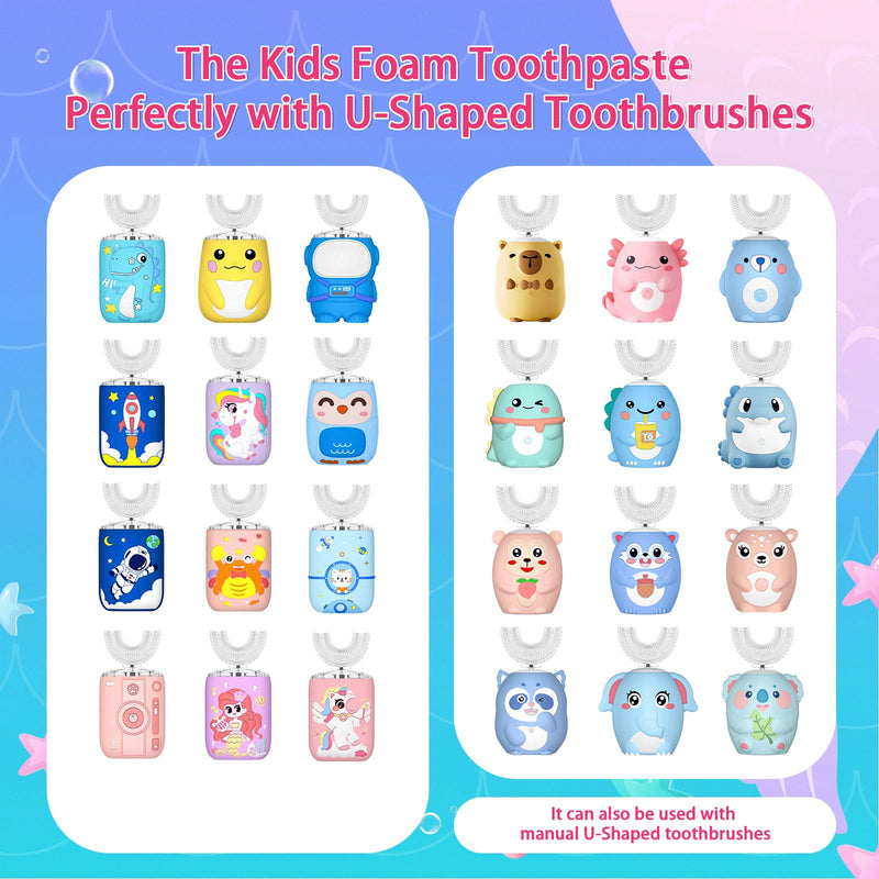 Kids Foam Fluoride Free Toothpaste Mix Mint Flavor, Toddler Natural Teeth Deep Cleaning Toothpaste for U Shaped Toothbrush-Mix 1 Blueberry + 1 Cantaloupe + 1 Orange + 1 Strawberry