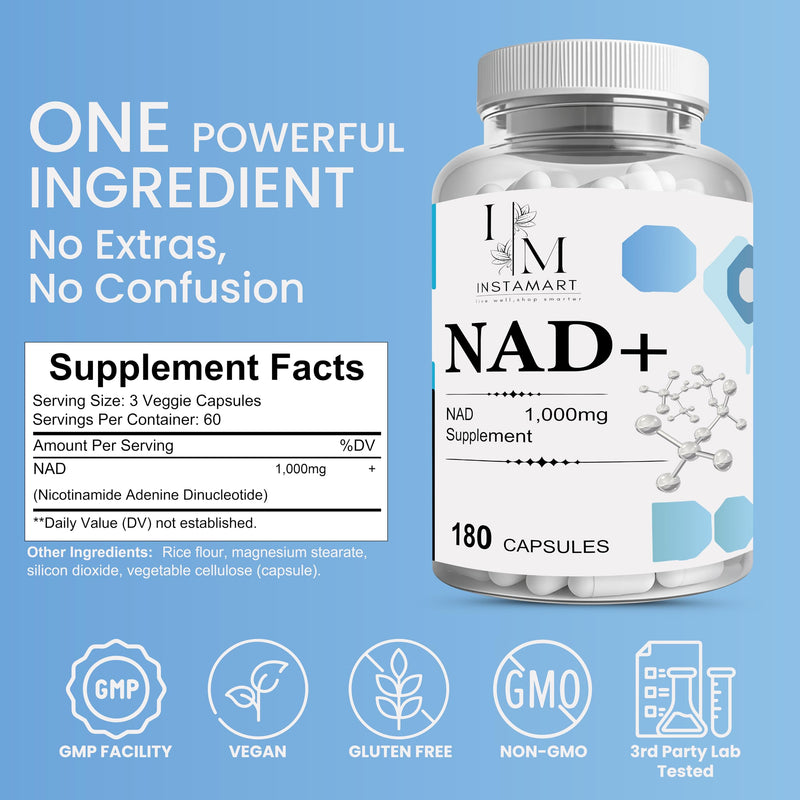 INSTAMART NAD Supplements for Women & Men (180 Capsules) Organic NAD + Supplement 1000mg Serving | Similar to Nicotinamide Riboside | Advanced Formula for Cellular Health, Stamina & Healthy Aging