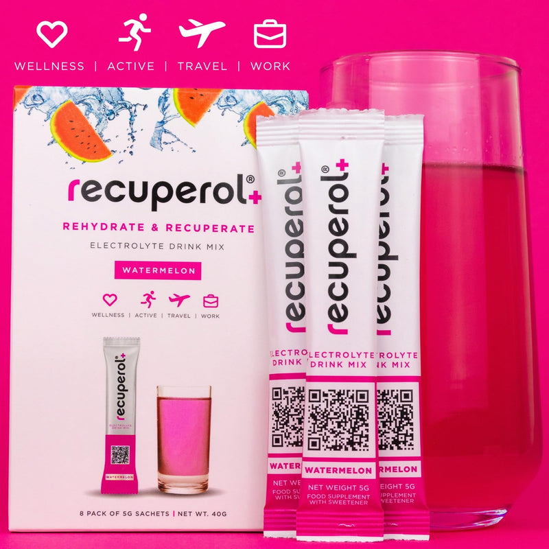 Recuperol Electrolytes Sachets - Rehydration Electrolytes Powder with Zinc, Vitamin C, B12, D3 & Potassium for Hydration - Sugar Free, Vegan & Low Calorie - Watermelon 60 Pack