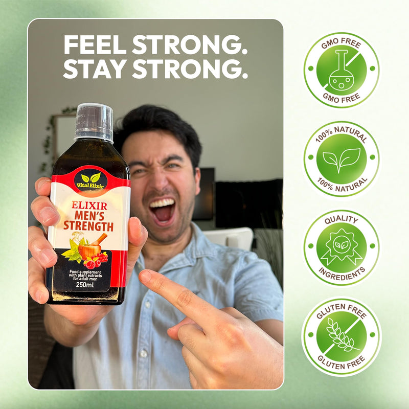 Elixir Men’s Strength Herbal Supplement with Tribulus Terrestris, Maca Root, Zinc & Vitamin C for Energy & Vitality, Mens Health Supplements with Guarana, Vegan, Gluten-Free - 250ml