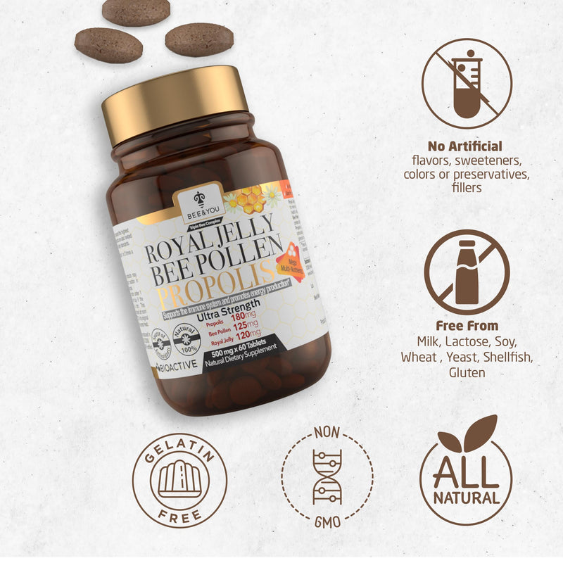 [Australia] - BEE and YOU Royal Jelly Tablet, Propolis Extract, Bee Pollen, 100% Natural Superfood, Ultra Pure, Immune Support Supplement, Improve Energy, Focus, Antioxidants, Fresh, Keto, Paleo, Gluten-Free | 60ct Royal Jelly 60ct 