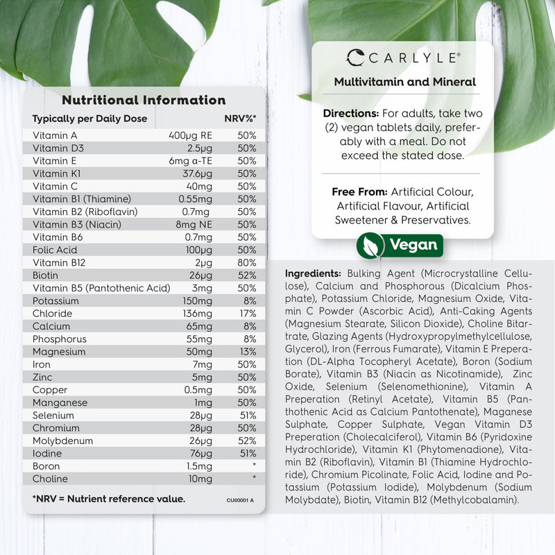 Multivitamin Tablets for Women and Men | 365 Count | 28 Essential Nutrients Including Vitamins C, D, B6, B12, Calcium, Zinc and Iron | A-Z Vitamins & Minerals | Vegan Supplement | by Carlyle