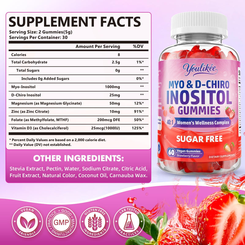 2 Pack Myo-Inositol & D-Chiro Inositol Gummies for Women, 120 Count | Ideal 40:1 Ratio with Vitamin D3, Folate, Magnesium and Zinc - Support Female Health & Wellness, Strawberry Flavor 60 Count (Pack of 2)