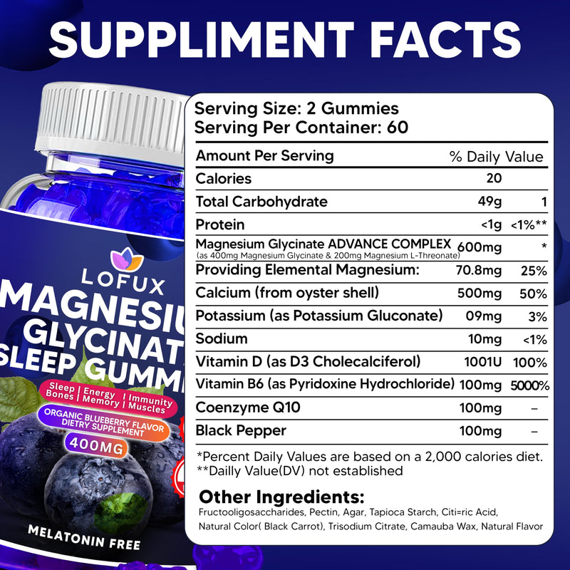 Lofux Magnesium Glycinate Gummies 400mg, Sugar Free Magnesium Gummies for Adults Women, Men, Chewable Supplement Gummy with L-Threonate, Vitamin D, B6, CoQ10 - for Calm, Sleep, Body Relaxation, 60 Ct Blueberry 1 Count (Pack of 60)