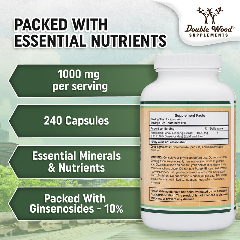[Australia] - Ginseng Capsules (Korean Red Ginseng Extract, Panax Ginseng 10% Ginsenosides) (4 Month Supply) 240 Vegan Capsules - 1,000mg per Serving for Mood, Cognitive Function and Energy Support by Double Wood 
