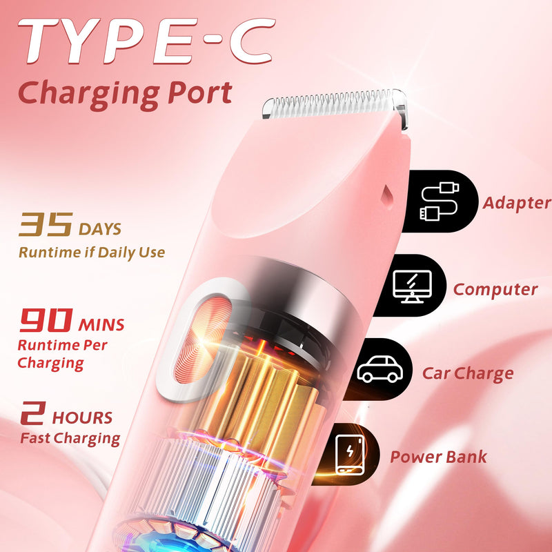 2-in-1 Women’s Electric Razor & Bikini Trimmer - Painless Pubic Hair Shaver, IPX7 Waterproof Wet/Dry Use for Bikini Area, Legs, Face, Underarms (Pink) Pink