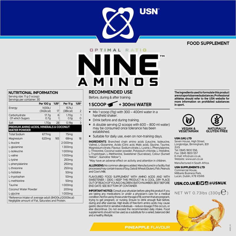 USN Nine Aminos – BCAA Amino Acids & EAA Essential Amino Acids Powder with Added Magnesium & Coconut Water Powder to Support Recovery and Hydration. Pineapple Flavour (330g – 30 Servings)