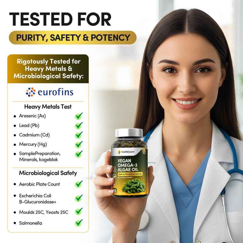 HealthEssent Omega 3 Vegan Complex - Algae Oil Omega 3 with EPA DHA and Vitamin E, 1000mg Algae Based Fatty Acids Supplements for Heart, Brain and Joint Health, Non-GMO & Halal – 60 Softgels