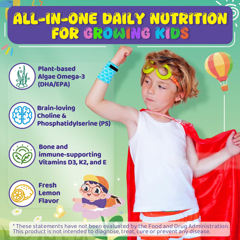 [Australia] - Kids Omega-3 Gummies for 4+, Algae Oil DHA & EPA with Vitamin D3 K2, Choline & PS, Vegan Fish Oil Supplements for Brain, Bone, Cognitive & Immune Health, No Fish Taste, SugarFree, Lemon Flavor, 60Cts 60 Count (Pack of 1) 