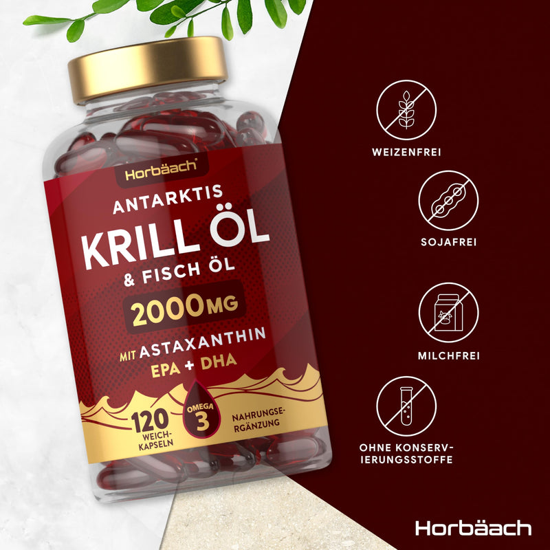 [Australia] - Krill oil capsules high dose 2000mg | Omega 3-340mg EPA/DHA with 600 mcg Astaxanthin | Antarctic krill | Alternative to cod liver oil | 120 pieces | from Horbaach 