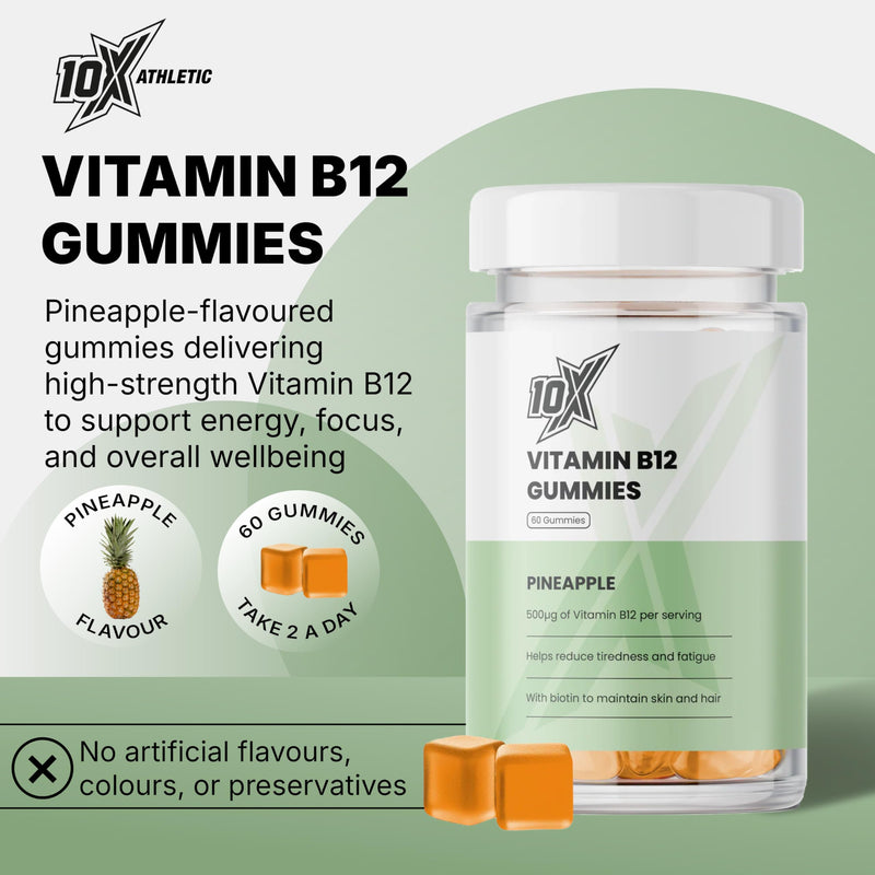 Vitamin B12 Gummies – Pineapple Flavour | Vegan B12 for Energy, Focus & Mental Clarity | Energy Metabolism | Immune Support | Fatigue Relief | Vitamins for Men & Women | 60 Gummies