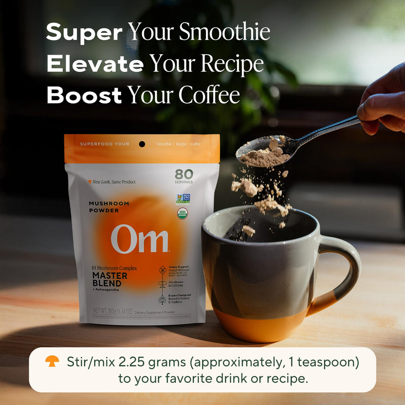 [Australia] - OM Mushrooms Master Blend Mushroom Powder ‚Äì Organic Mushroom Supplement with 10 Mushrooms and Ashwagandha - Support Immunity, Gut Health & Stress Relief, 6.34 oz (80 Servings) 6.2 Ounce (Pack of 1) 