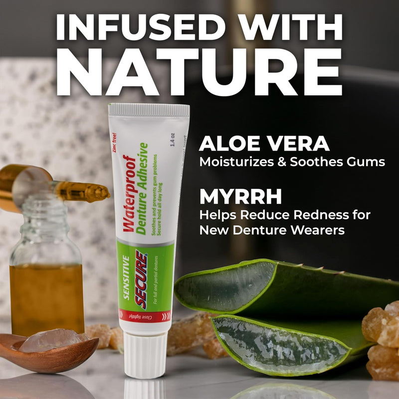 Secure Sensitive Denture Adhesive with Aloe Vera & Myrrh – 12-Hour Max Hold – Patented Waterproof Seal – for All Denture Types – Food Grade Ingredients – 1.4 oz 2