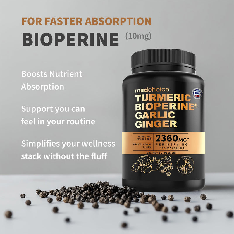 MEDCHOICE 4-in-1 Turmeric Joint Support with Garlic & BioPerine, 120ct | Mobility, Flexibility and Digestive Comfort Support, Turmeric with Garlic and BioPerine, Joint Supplement 120 Count (Pack of 1)