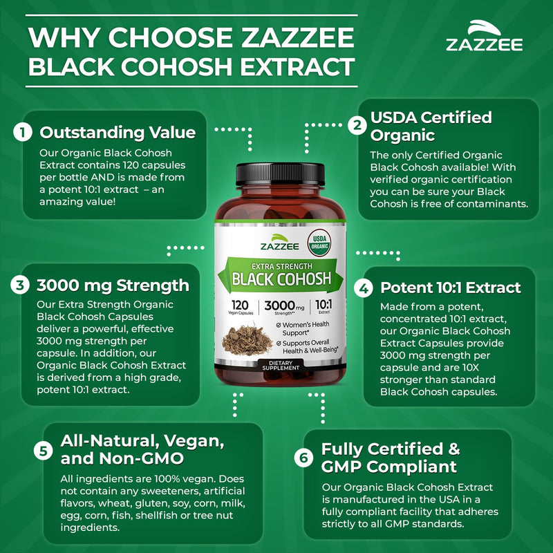 [Australia] - Zazzee USDA Organic Black Cohosh 10:1 Extract, 3000 mg Strength, 120 Vegan Capsules, 4 Month Supply, Standardized and Concentrated 10X Extract, 100% Vegetarian, All-Natural, Non-GMO, Made in The USA 