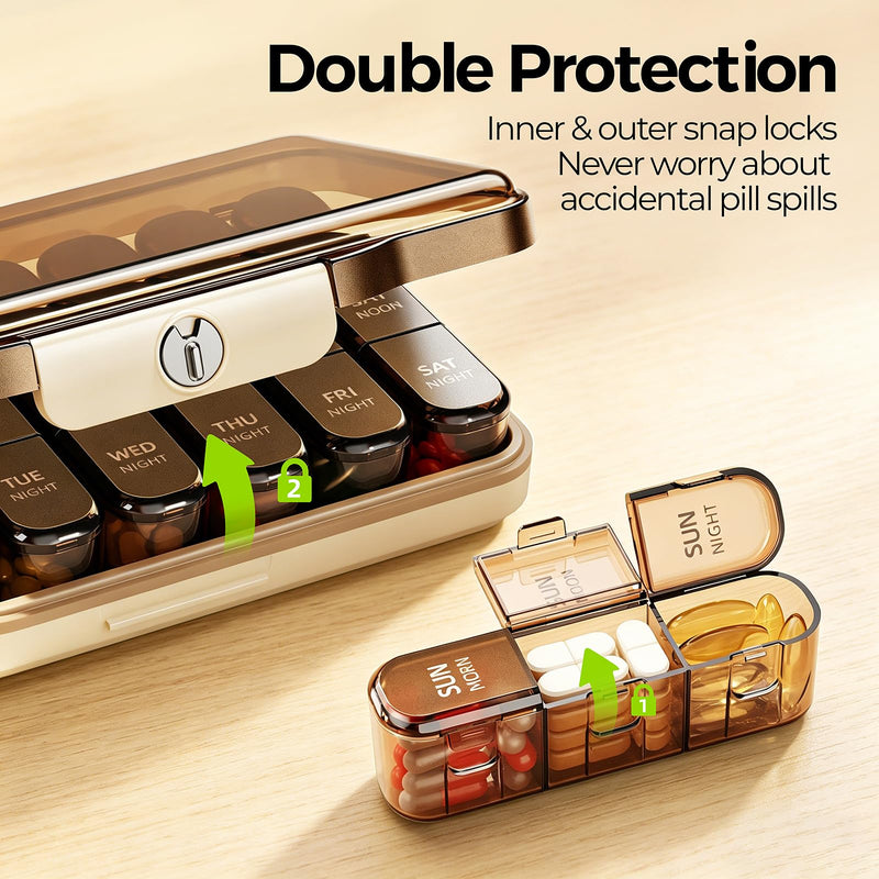 Weekly Pill Organizer 3X a Day, Detachable 7 Day Pill Box 3 Times a Day with Moisture-Proof Design, Portable Light-Proof Daily Pill Case for Pills,Vitamin,Fish Oil and Supplements(Brown) Brown