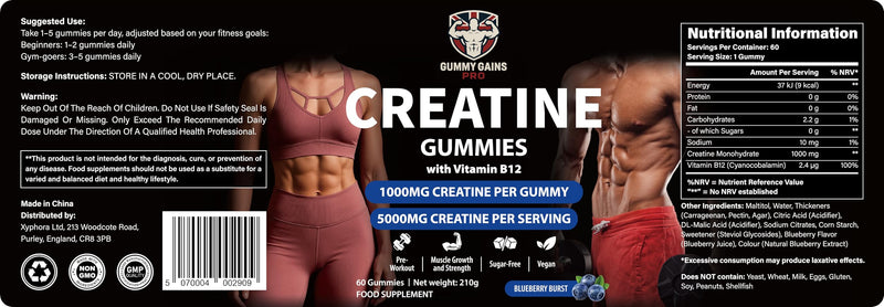 Creatine Gummies – 5000mg Creatine Monohydrate per Serving (1000mg per Gummy) – Vegan, Sugar Free – Gym & Training Support – for Men & Women – 60 Count (Blueberry) Blueberry