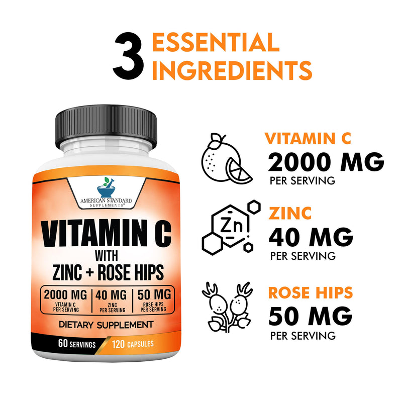 American Standard Supplements Vitamin C 2000mg, Zinc 40mg, and Rose HIPS 50mg Per Serving – Vegan, Gluten Free, Non-GMO (120 Count) (Pack of 2) 120 Count (Pack of 2)