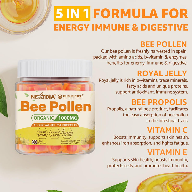[Australia] - Bee Pollen Organic 1000mg, w/Propolis, Royal Jelly, Sugar Free Bee Pollen Gummies Rich in B-Vitamin, Antioxidants, Amino Acids, Bee Pollen Supplement for Energy, Skin & Immune (1 Pack) 60 Count (Pack of 1) 