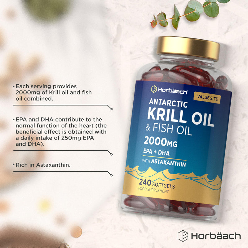 Antarctic Krill Oil 2000mg | 240 Softgels (4 Month Supply) | with Omega 3 Fish Oil (EPA & DHA), Astaxanthin, and Phospholipids | High Strength Complex | By Horbaach