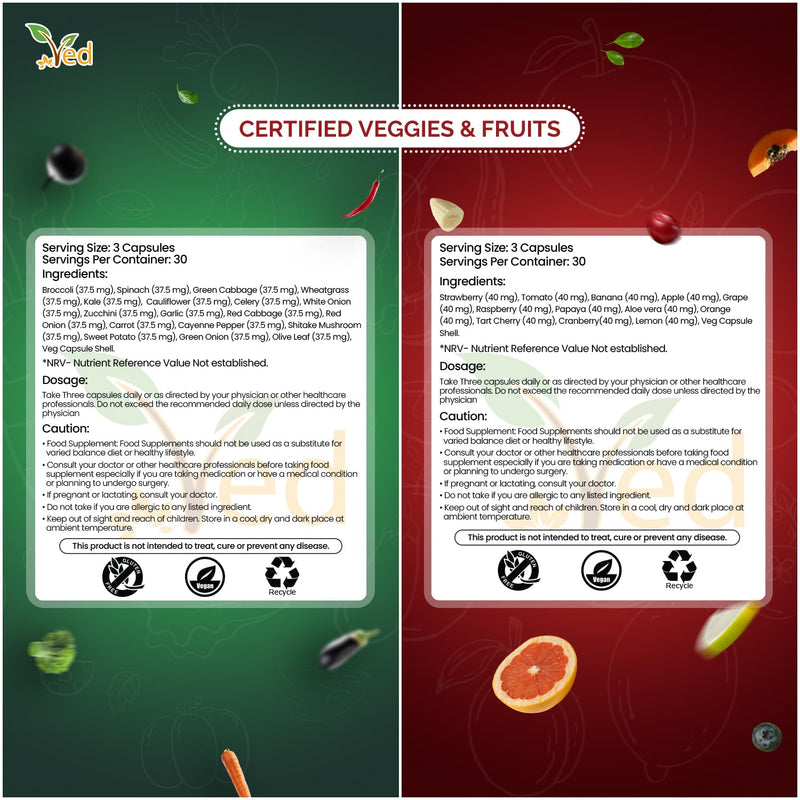 Ved Super Greens Fruits and Veggies Supplements, Greens Supplement Superfood Formula with Vitamins and Minerals from Fruits and Vegetables, 90 Vegan Capsules, Pack of 2
