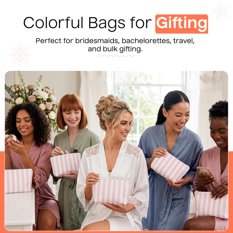 Preppy Stripe Crinkle Makeup Bag Set of 5 Travel Cosmetic Bags | Pink and White, 6 x 9 x 3 in, Crinkle & stripe design, waterproof fabric, generous capacity, gift for women