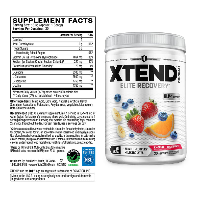 Xtend Original BCAA Powder with Zero Sugar, 7g BCAA, 30 Servings Knockout Fruit Punch 13.2 Ounce (Pack of 1)