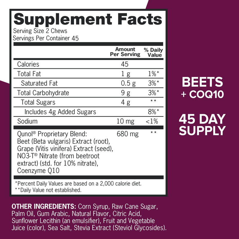 [Australia] - Qunol Beets Chews for Blood Pressure Support, 3 in 1 Beets + CoQ10 + Grape Seed Extract, Supports Healthy Blood Circulation & Heart Healthy Energy, 90 Chews 90 Count (Pack of 1) 