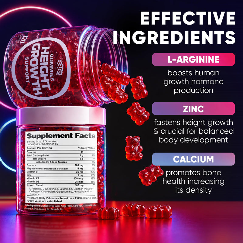 BIOTEQUELAB Height Growth Increase Gummies Vitamins, Grow Tall Supplement, Calcium, Magnesium, Zinc, Ashwagandha, Glucosamine Multivitamin for Teens, Kids, 120 Gummies 120 Count (Pack of 1)