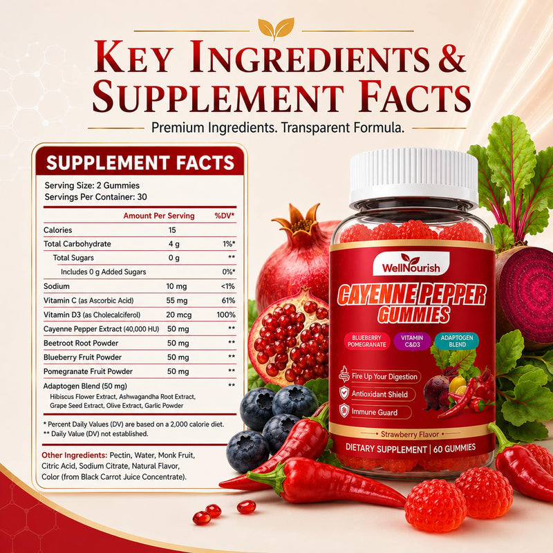 Cayenne Pepper Gummies with Vitamin C and D3, 60 Count | Sugar-free strawberry gummies with beetroot and adaptogen blend for circulation, digestive and immune support. 60 Count (Pack of 1)
