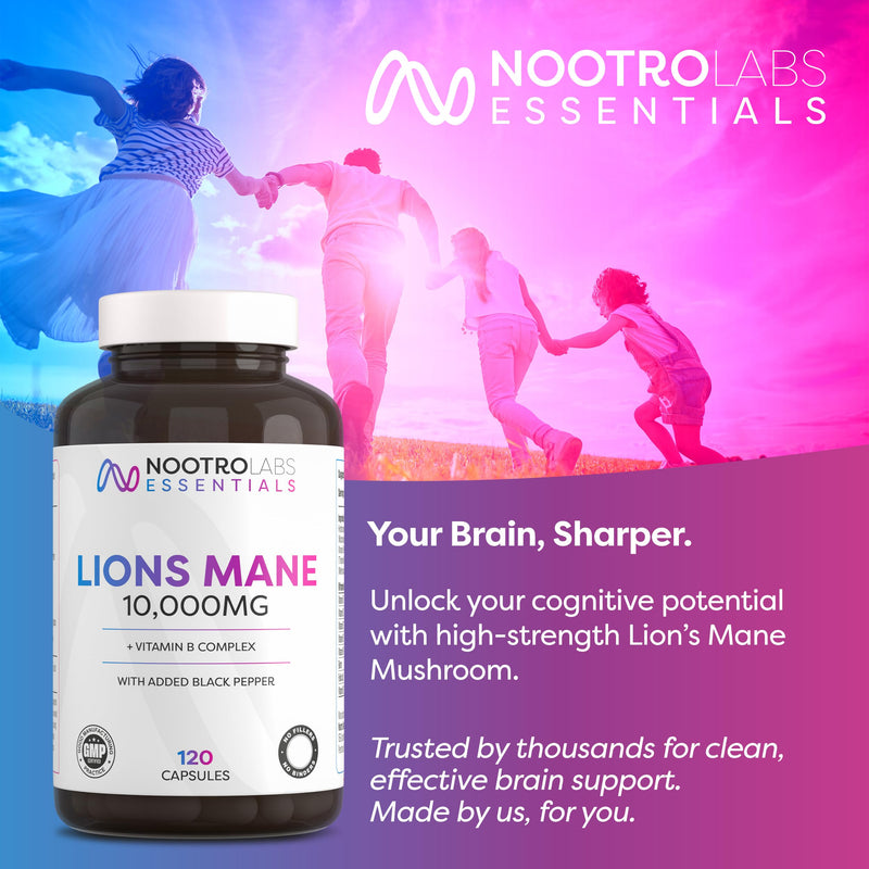 Nootro Essentials Lion's Mane Capsules, High Strength 10,000mg Lions Mane Supplement with Vitamin B Complex to Support Focus and Cognitive Function (60 Servings - 2 Month Supply)