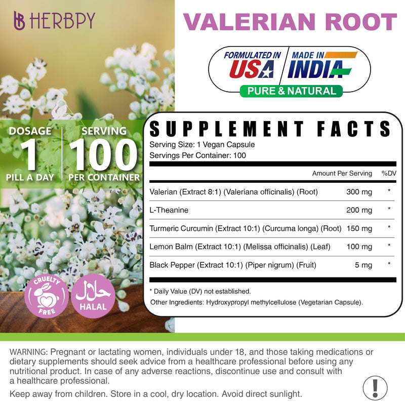 [Australia] - 5in1 Valerian Root Capsules Plus L-Theanine, Lemon Balm, Turmeric and Black Pepper for Relaxation, Restful Night, Digestion & Immune Support - 100 Count 