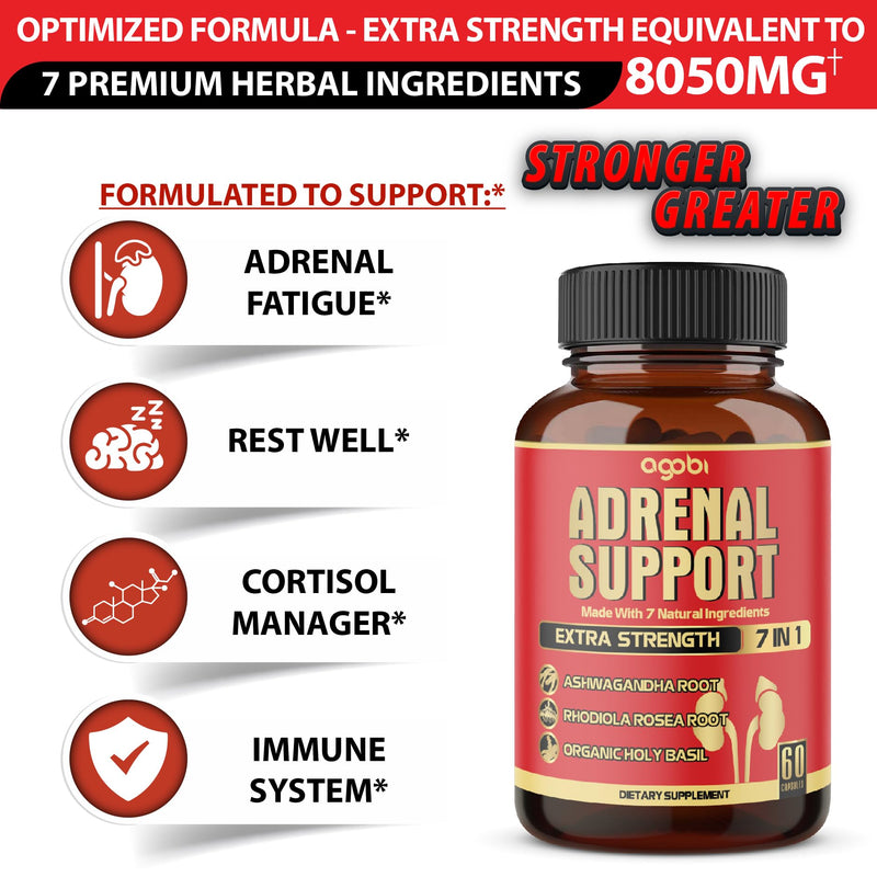 [Australia] - agobi 7in1 Adrenal Support Supplement - Equivalent to 8050mg Concentrated Ashwagandha, Panax Ginseng, Rhodiola Rosea & More - 60 Capsules 2 Month for Body Balance 
