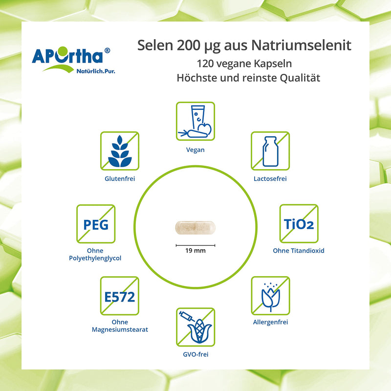 [Australia] - APOrtha® Selenium, 120 vegan capsules with 200µg each made of sodium selenite, high dosage and easy to swallow, allergen-free, vegan, gluten-free, alternative to drops and tablets 