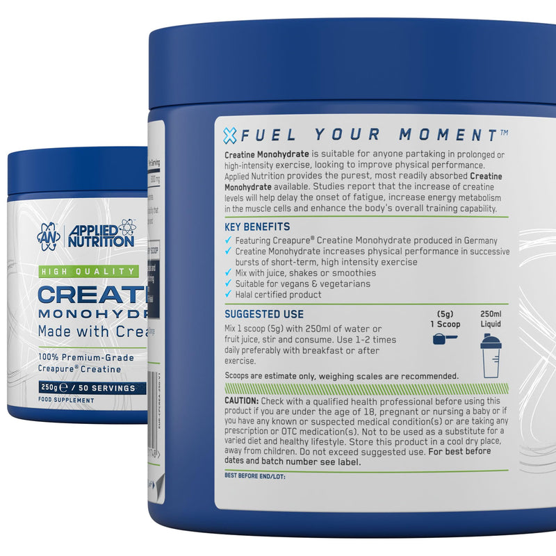 Applied Nutrition – Creatine Monohydrate – Made with Creapure® – Best Premium-Grade Creatine – Best Performance & Strength Support – Increased Energy & Endurance – (250g – 50 Servings) (Unflavoured)