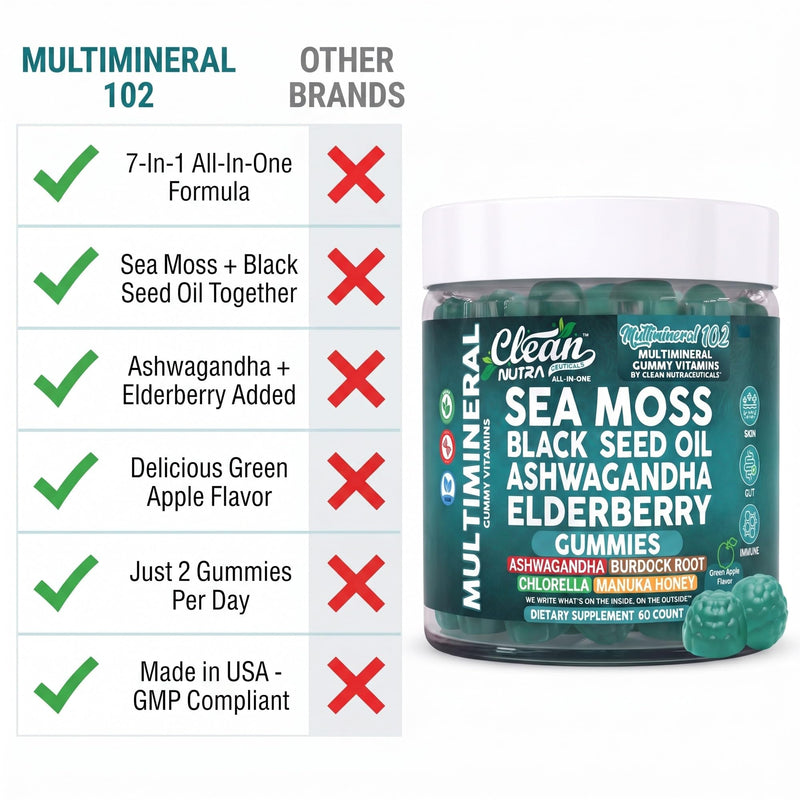 Sea Moss Gummies | Clinically Tested - Black Seed Oil Ashwagandha Elderberry Burdock Root Chlorella Manuka Honey - Vegan Irish Sea Moss Gummy Vitamins for Adults Kids Men Women - Green Apple Flavor 1
