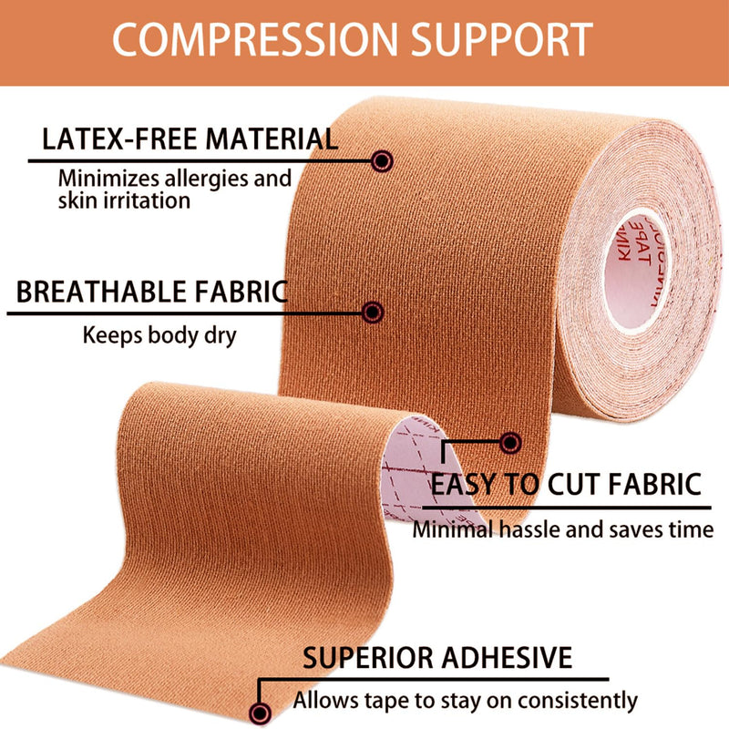 3 Pack Kinesiology Tape, Water Resistant Muscle Support Adhesive Sport Tape for Pain Relief, Latex Free Cotton Elastic Athletic Tape for Joints, Knee, Ankle, Shoulder, Wrist - Tan 3in 5.5yd