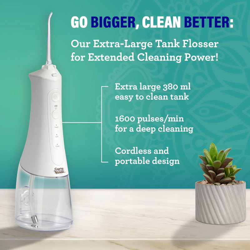 [Australia] - GuruNanda Water Dental Flosser 2.0 XL ‚Äì 380ML Large Tank, 4 Flossing Modes, Cordless & Portable with Smart Timer for Deep Cleaning & Happy Gums - White 