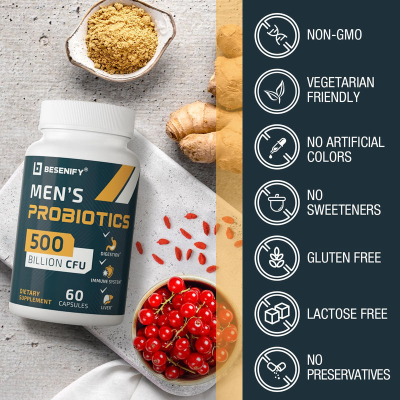[Australia] - Probiotics for Men, 500 Billion CFUs & 12 Strains, Probiotics for Digestive Health, Men's Probiotic with Turmeric, Cranberry, Goji, for Overall Digestive, Immune Health, Gut & Bloating, 30-Days Supply 60 Count (Pack of 1) 