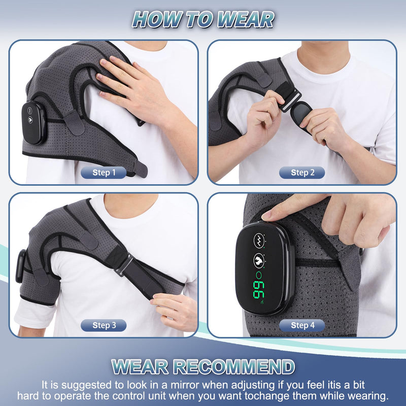 Cordless Heated Shoulder Brace with Vibration, 3 Heat & Massage Settings, Shoulder Heating Pad for Pain Relief, Adjustable Shoulder Warmer for Men and Women(Grey)