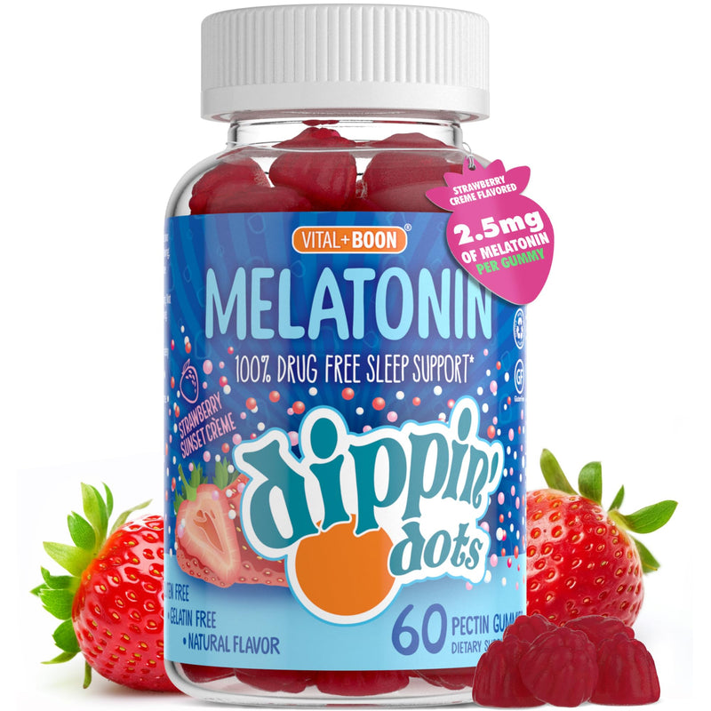 Dippin' Dots Kids Melatonin Gummies, Natural Sleep Aid, 2.5mg (60 Ct) | Strawberry Sunset Creme sleep aid gummies for kids & adults; vegetarian, easy nightly melatonin gummy chew for bedtime. 60 Count (Pack of 1) Gummy - 5 mg/serving