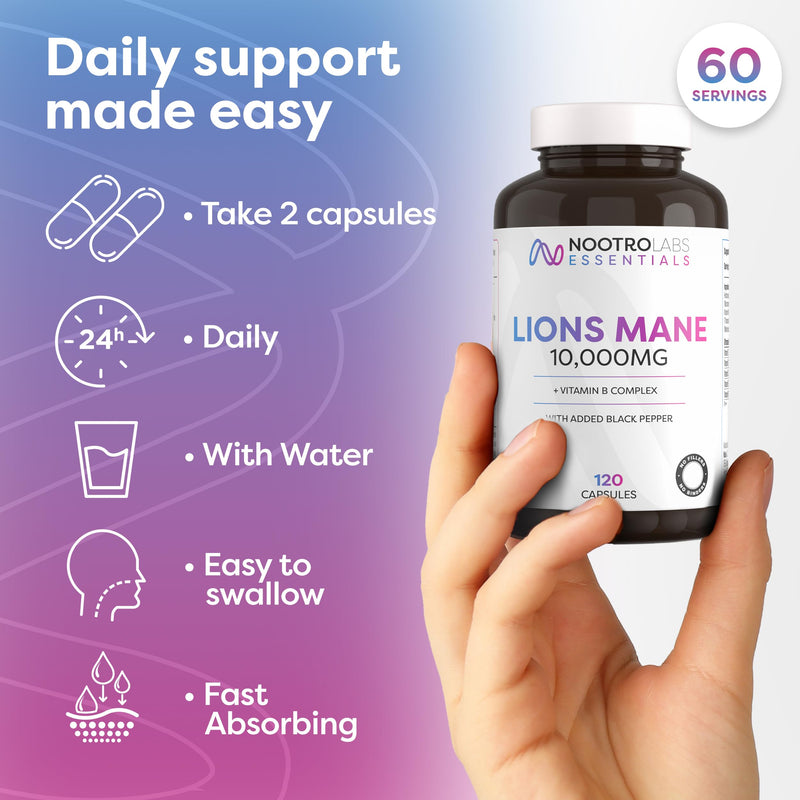Nootro Essentials Lion's Mane Capsules, High Strength 10,000mg Lions Mane Supplement with Vitamin B Complex to Support Focus and Cognitive Function (60 Servings - 2 Month Supply)