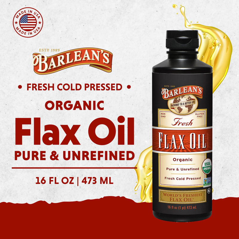 Barlean's Organic Flaxseed Oil, 7640mg ALA Omega-3, Cold-Pressed, 16oz | Fresh cold-pressed flax seeds, ALA omega 3-6-9, Vegan, Non-GMO, Gluten-free, Unrefined, Supports heart, skin & hair 16 Fl Oz (Pack of 1)