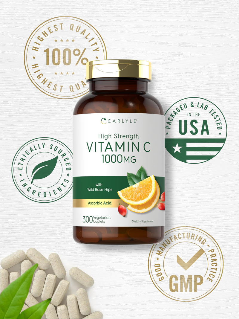 [Australia] - Carlyle Vitamin C 1000mg | 300 Vegetarian Caplets | Ascorbic Acid with Wild Rose HIPS | High Strength Formula | Non-GMO and Gluten Free Supplement 300 Count (Pack of 1) 