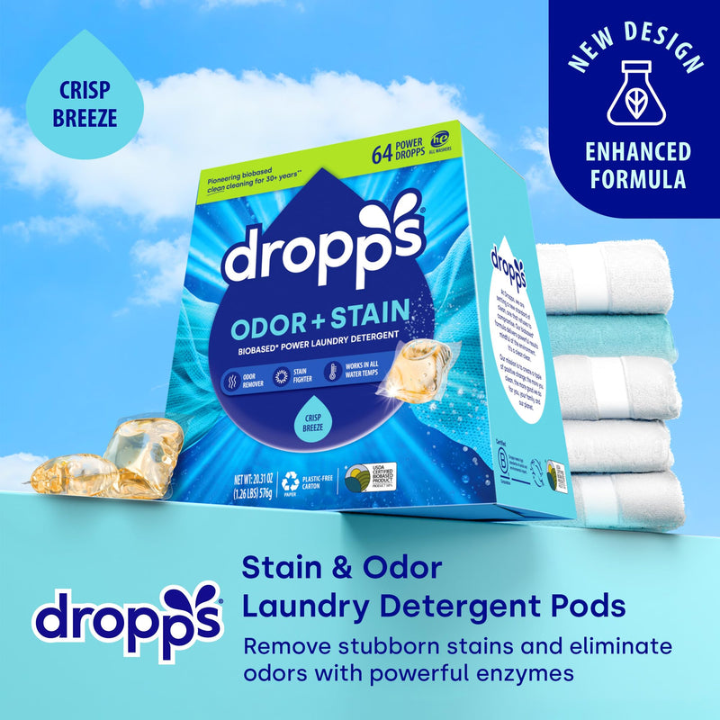[Australia] - Dropps Stain & Odor Laundry Detergent Pods: Clean & Crisp | 64 Count | HE Compatible + All Washers | Cold Wash + All Temperatures | Tackles Tough Odors | Low Waste Packaging 64 Count (Pack of 1) 