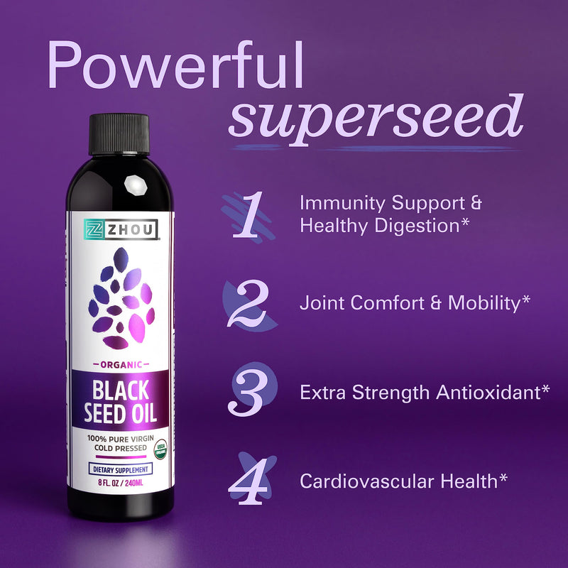 [Australia] - Zhou Organic Black Seed Oil | 100% Virgin Cold Pressed Omega 3 6 9 | Super Antioxidant for Immune Support, Joints, Digestion, Hair & Skin | Vegan, Gluten-Free, Non-GMO | 8oz Liquid 